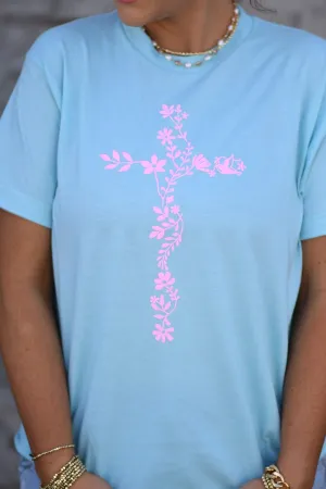 Neon Pink Floral Cross Tee