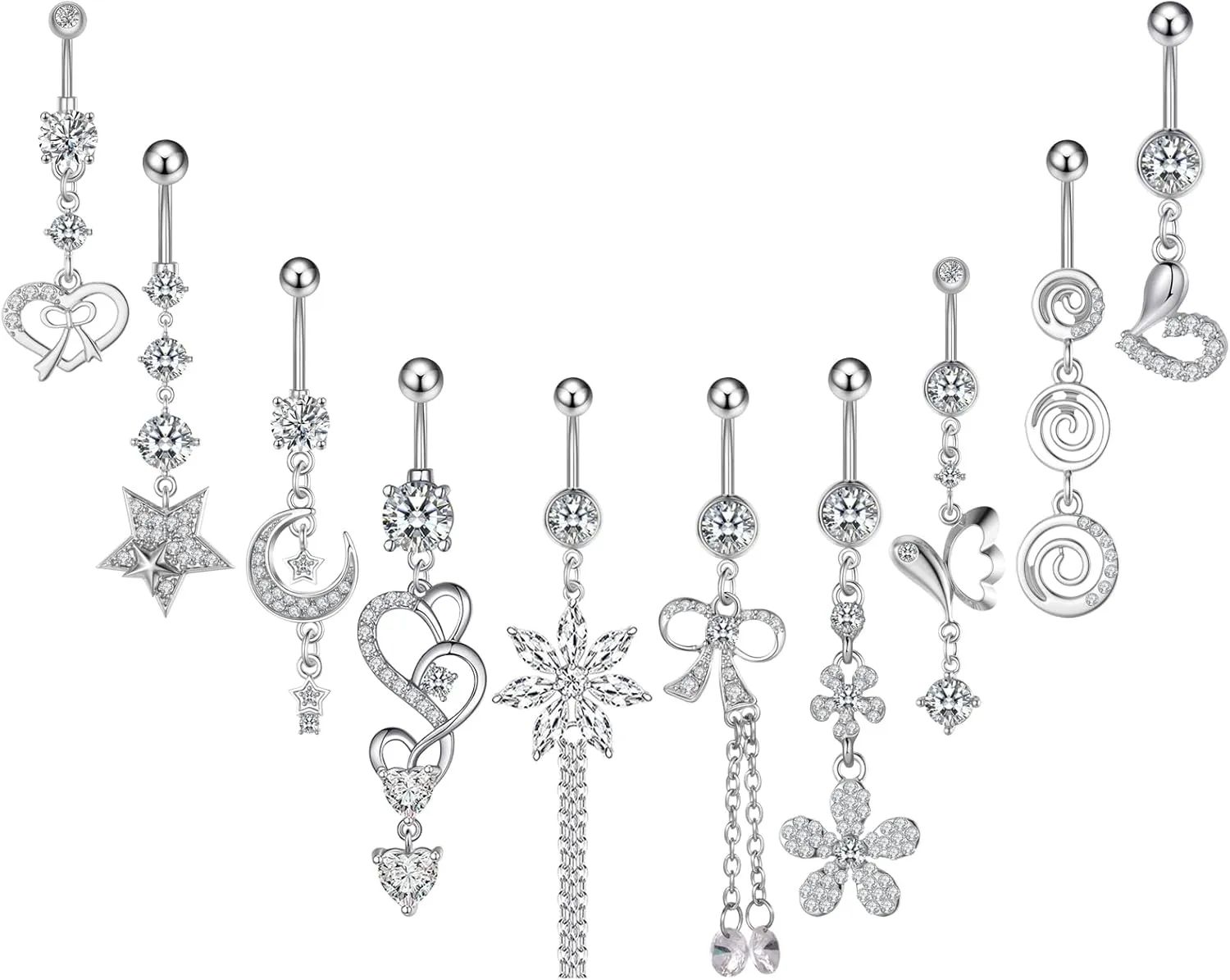 NEWITIN 10 Pieces 14G Belly Button Rings for Women Navel Ring Body Piercing Jewelry Set 316L Surgical Steel Inlaid Cubic Zirconia Belly Dangle Rings for Women