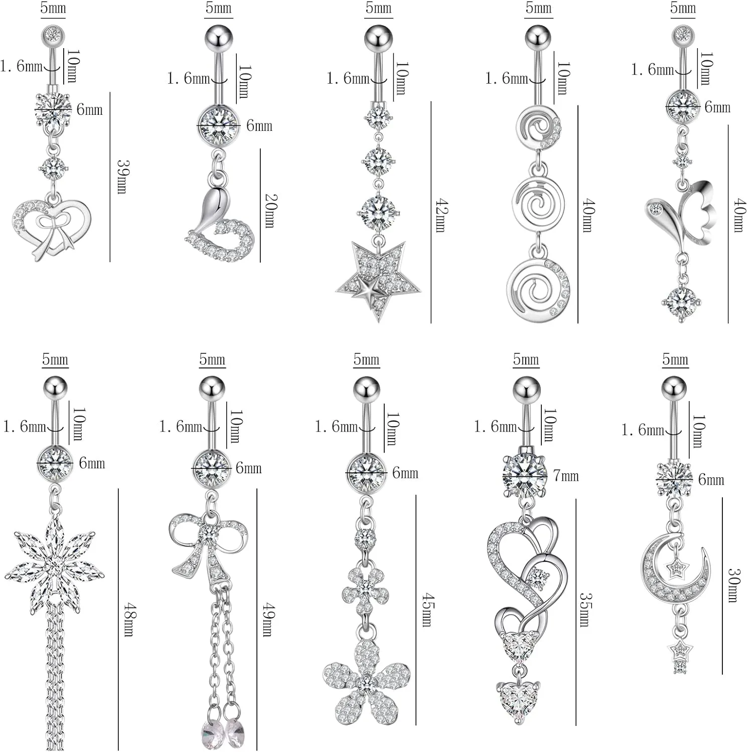 NEWITIN 10 Pieces 14G Belly Button Rings for Women Navel Ring Body Piercing Jewelry Set 316L Surgical Steel Inlaid Cubic Zirconia Belly Dangle Rings for Women