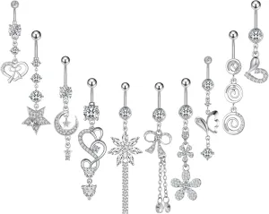 NEWITIN 10 Pieces 14G Belly Button Rings for Women Navel Ring Body Piercing Jewelry Set 316L Surgical Steel Inlaid Cubic Zirconia Belly Dangle Rings for Women