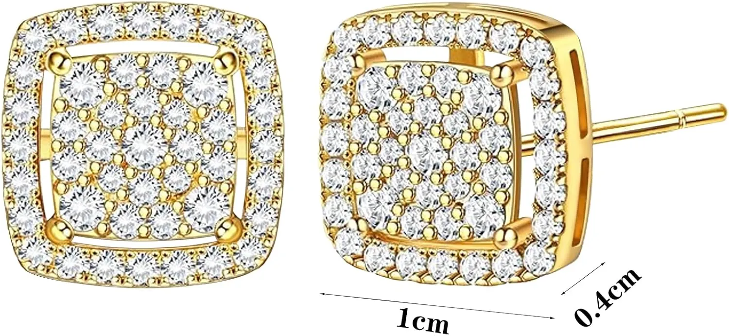 NEWITIN Cubic Zirconia Stud Earrings for Men Hypoallergenic Earring Sterling Silver Post 18K Gold Plated Simulated Crystal Diamond Earring Halo Stud Earrings for Women Men