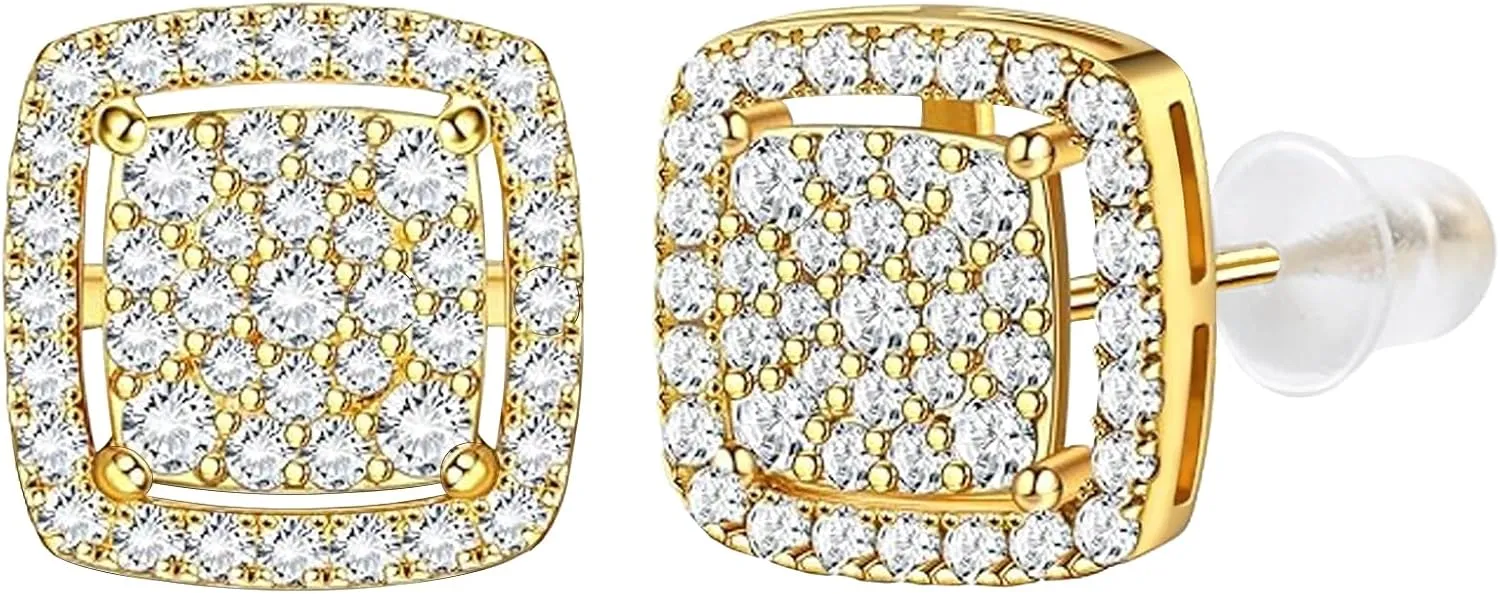 NEWITIN Cubic Zirconia Stud Earrings for Men Hypoallergenic Earring Sterling Silver Post 18K Gold Plated Simulated Crystal Diamond Earring Halo Stud Earrings for Women Men