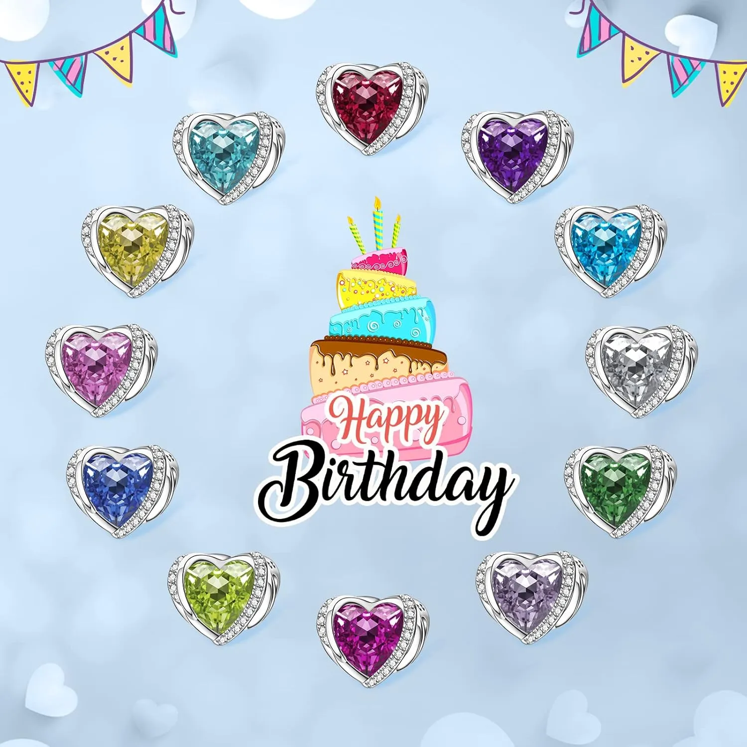 NINGAN Birthstone Charms for Bracelets, Angel Wings 925 Sterling Silver Love Heart Bead Pendant Engraved Symbolizes, Happy Birthday Mother's day Jewelry Gifts for Women
