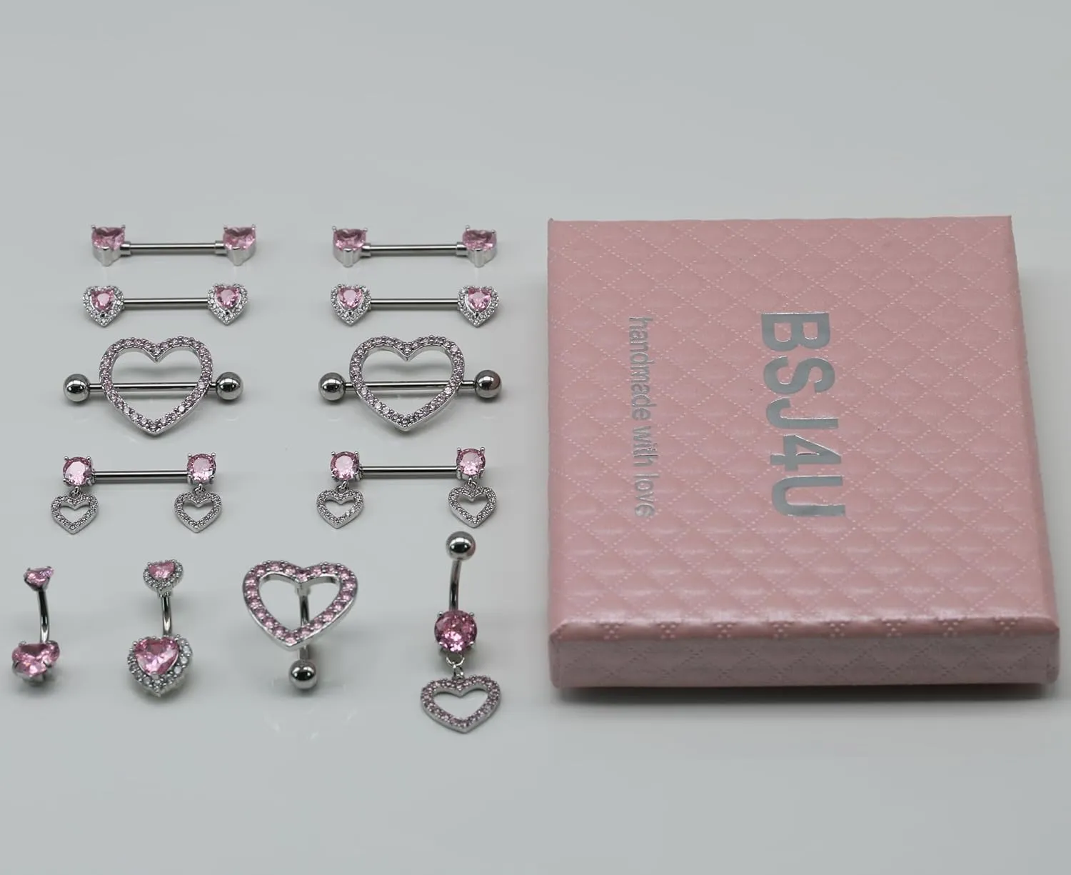 Nipple Ring and Belly Button Ring Set 14G Stainless Steel Sparkly Pink CZ Heart Bar Barbell Nipple Belly Piercing Body Jewelry