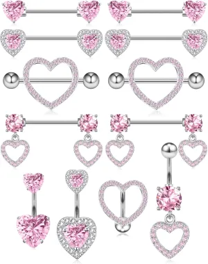 Nipple Ring and Belly Button Ring Set 14G Stainless Steel Sparkly Pink CZ Heart Bar Barbell Nipple Belly Piercing Body Jewelry