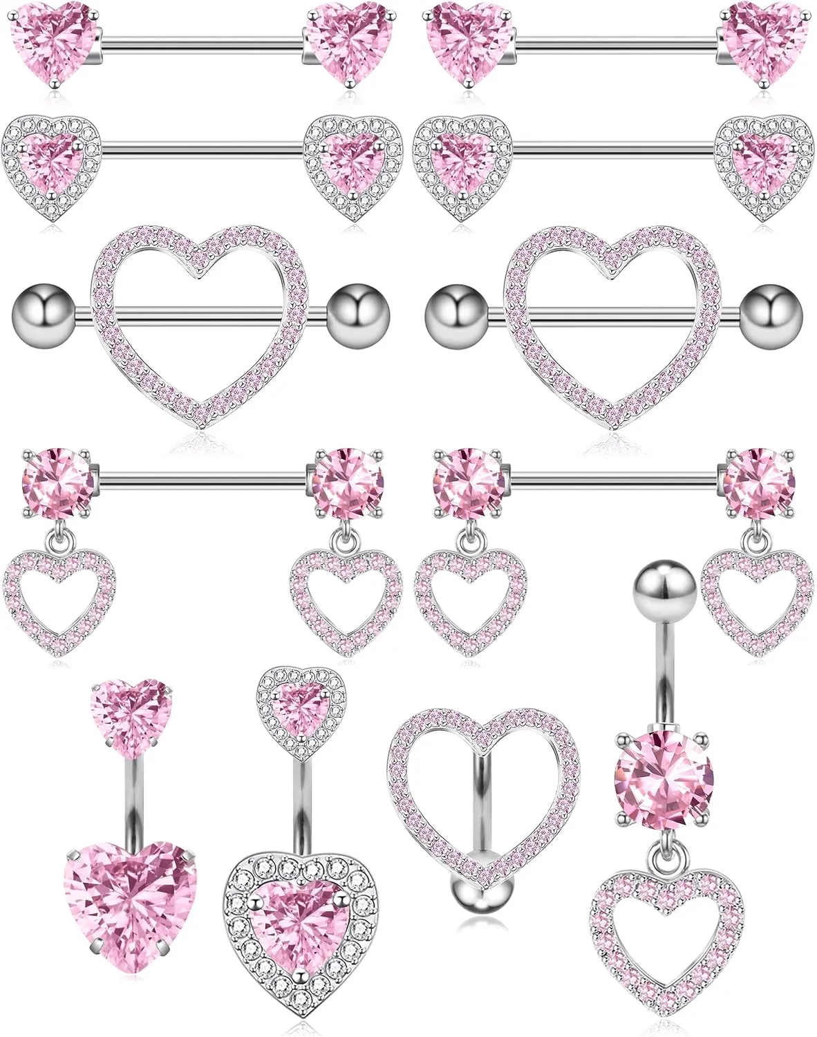 Nipple Ring and Belly Button Ring Set 14G Stainless Steel Sparkly Pink CZ Heart Bar Barbell Nipple Belly Piercing Body Jewelry