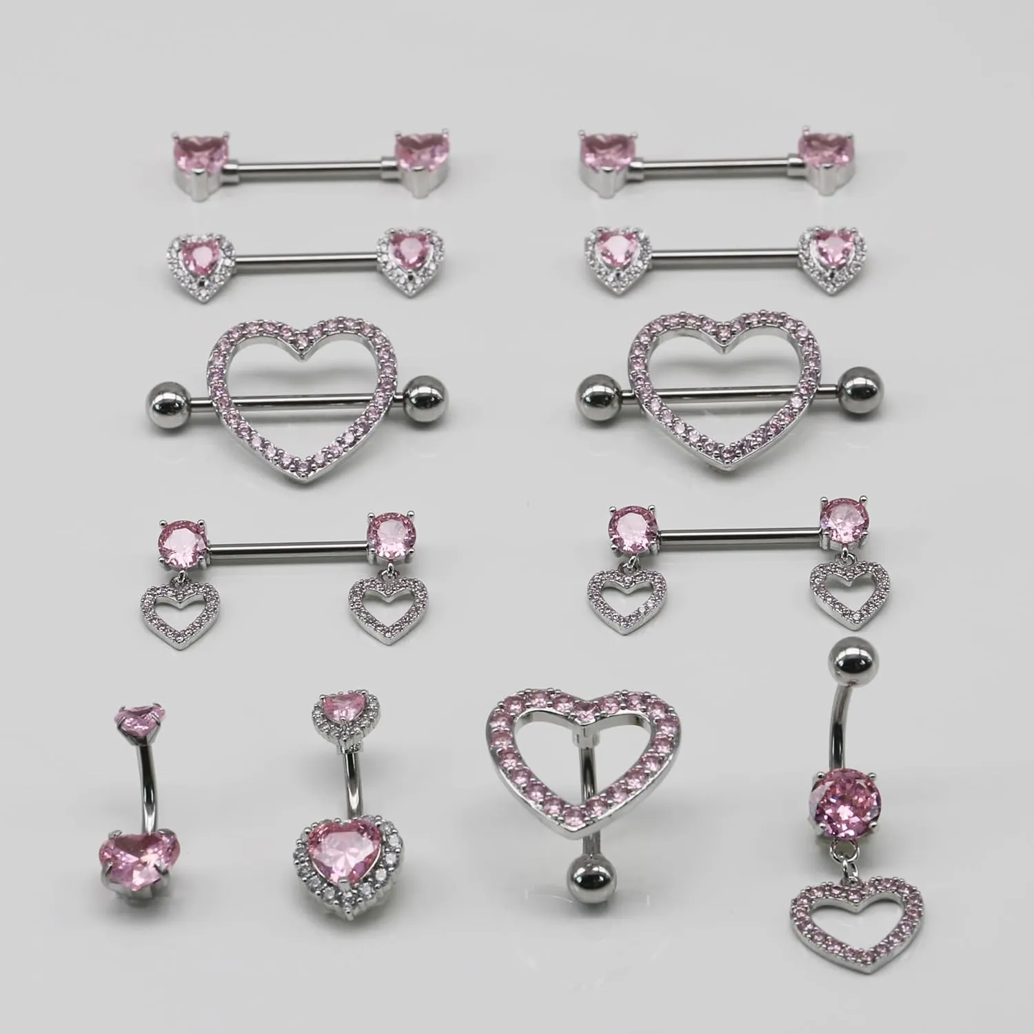 Nipple Ring and Belly Button Ring Set 14G Stainless Steel Sparkly Pink CZ Heart Bar Barbell Nipple Belly Piercing Body Jewelry