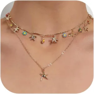 NIQIPOK Beach Necklaces for Women Layers Gold Daisy Flower Starfish Shell Necklace 14K Gold Plated Layered Boho Summer Seashell Beach necklace Jewelry