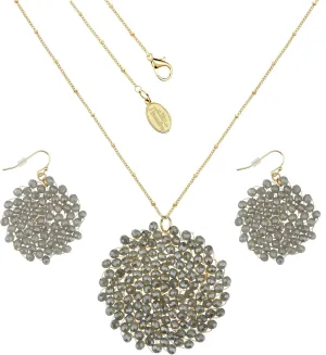 Niumike Handmade Crystal Circle Pendant Necklace and Earring Sets for Women Prom Disc Long Statement Necklaces Jewelry Sets with Gifts Box