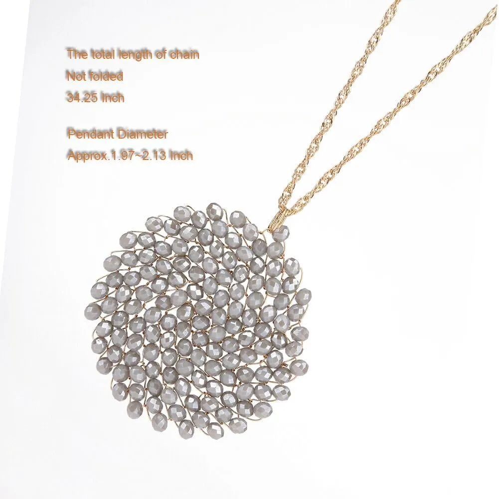 Niumike Handmade Crystal Circle Pendant Necklace and Earring Sets for Women Prom Disc Long Statement Necklaces Jewelry Sets with Gifts Box