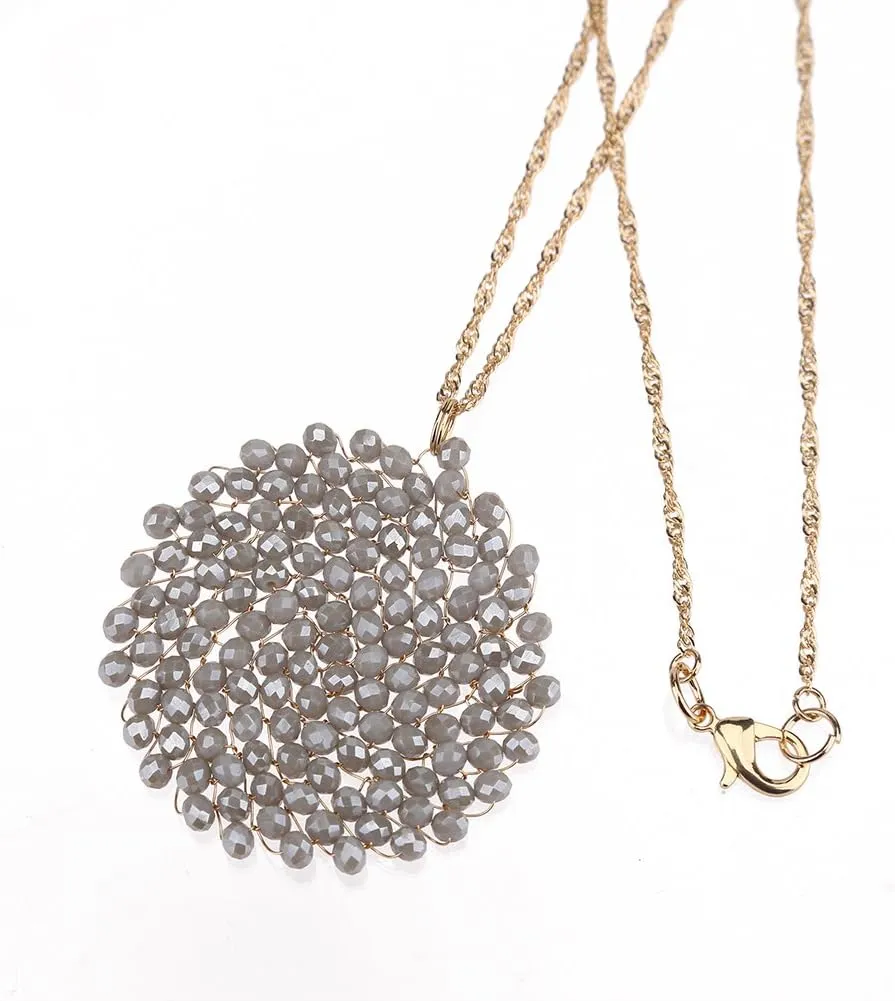 Niumike Handmade Crystal Circle Pendant Necklace and Earring Sets for Women Prom Disc Long Statement Necklaces Jewelry Sets with Gifts Box