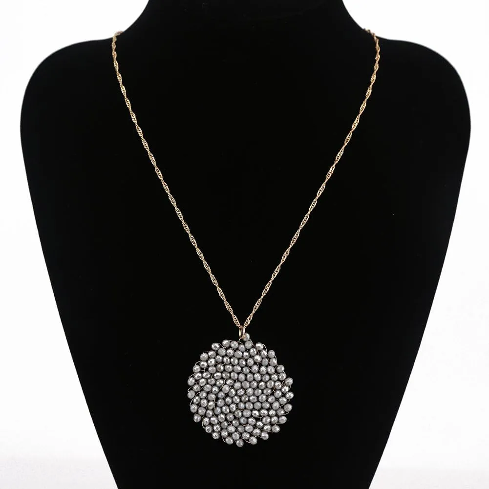 Niumike Handmade Crystal Circle Pendant Necklace and Earring Sets for Women Prom Disc Long Statement Necklaces Jewelry Sets with Gifts Box