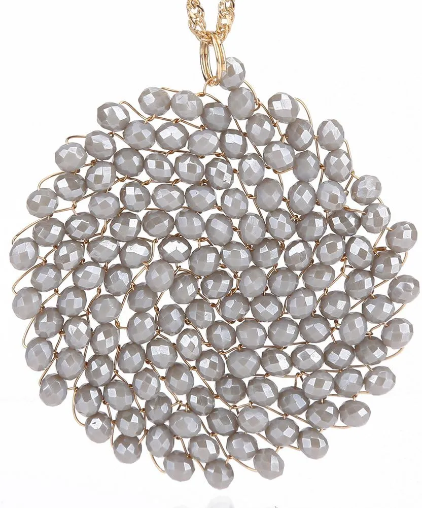 Niumike Handmade Crystal Circle Pendant Necklace and Earring Sets for Women Prom Disc Long Statement Necklaces Jewelry Sets with Gifts Box