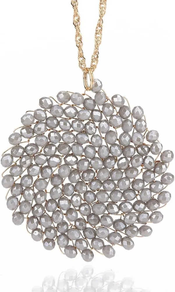 Niumike Handmade Crystal Circle Pendant Necklace and Earring Sets for Women Prom Disc Long Statement Necklaces Jewelry Sets with Gifts Box