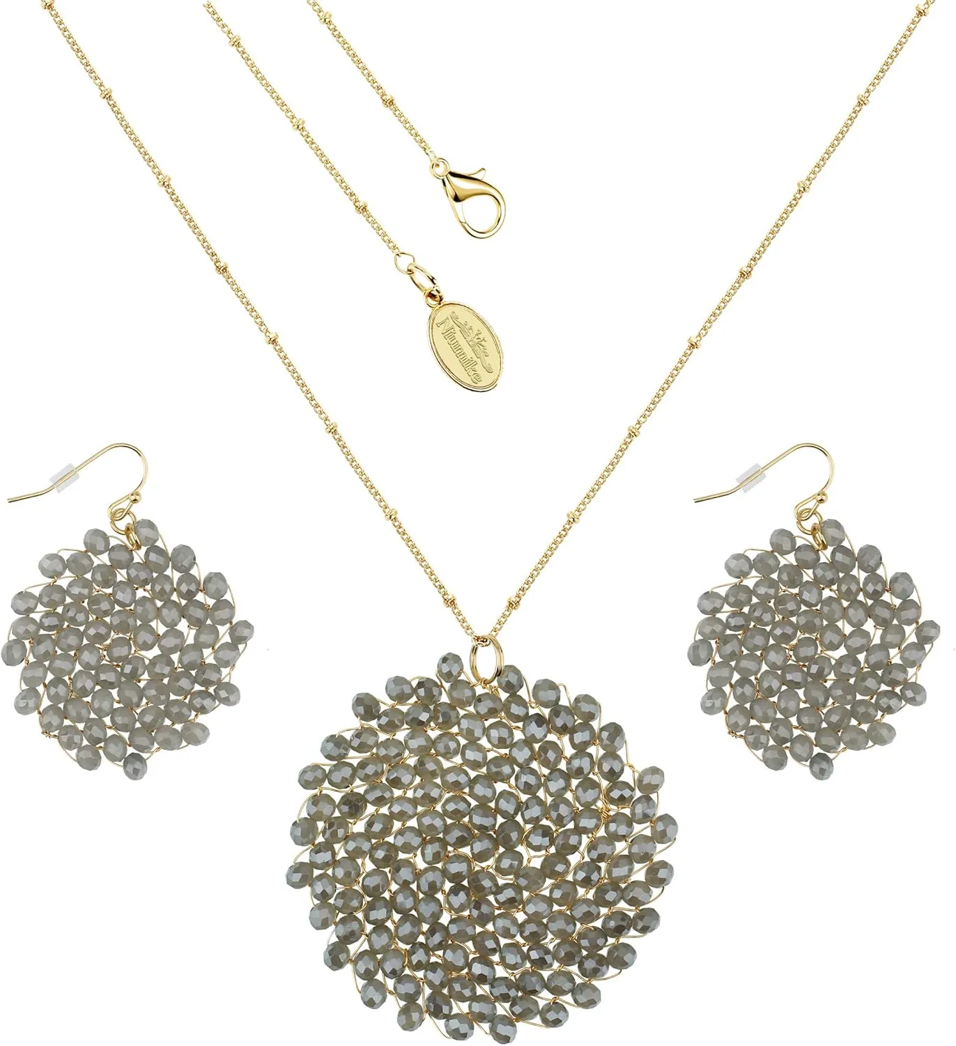 Niumike Handmade Crystal Circle Pendant Necklace and Earring Sets for Women Prom Disc Long Statement Necklaces Jewelry Sets with Gifts Box