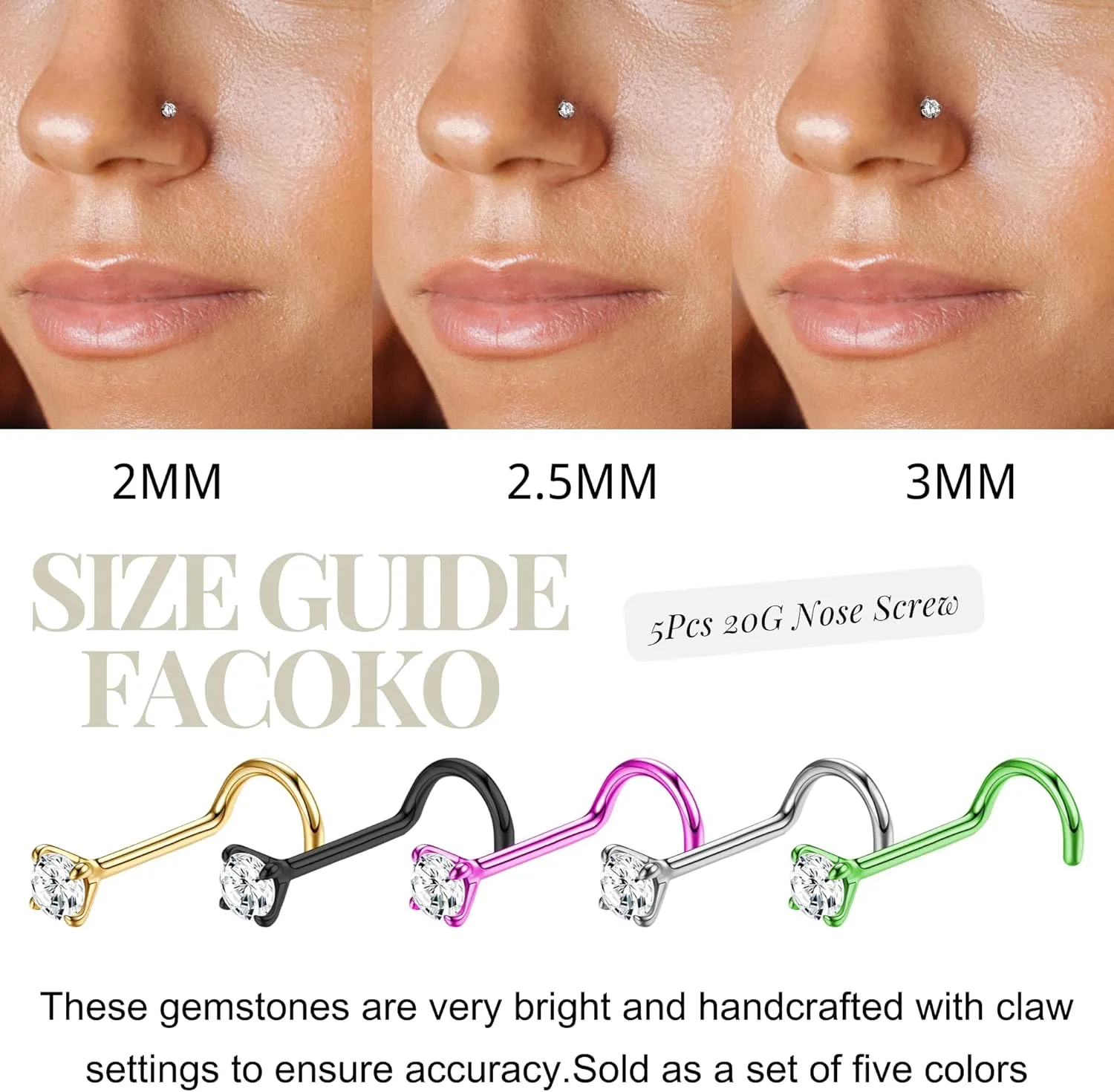 Nose Rings, 5Pcs 20G Nose Screw Rings Studs, CZ Nose Piercing, Titanium Nose Studs for Women, Nostril Nose Piercing Jewelry Men Gold/Silver/Black/Pink/Green