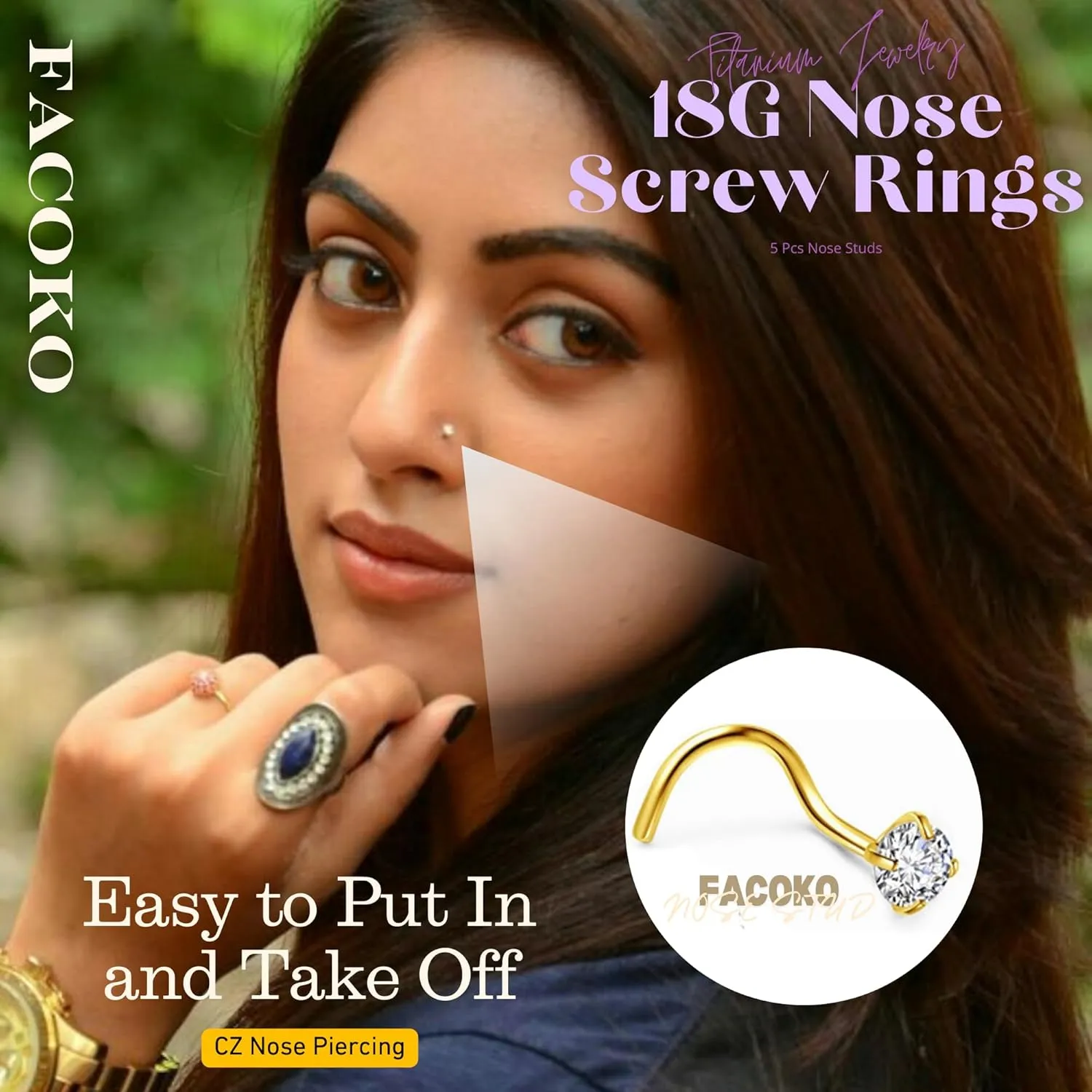 Nose Rings, 5Pcs 20G Nose Screw Rings Studs, CZ Nose Piercing, Titanium Nose Studs for Women, Nostril Nose Piercing Jewelry Men Gold/Silver/Black/Pink/Green