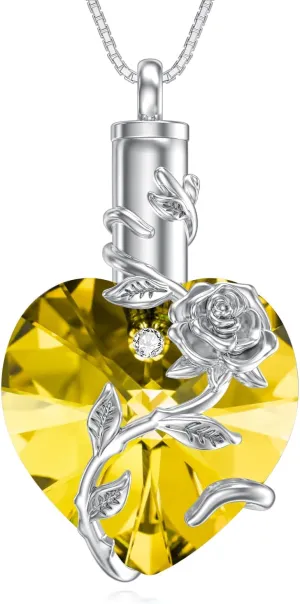 OCJ Heart Rose Flower Urn Necklace for Ashes Women Birthstone Cremation Necklaces Sterling Silver Memorial Cremation Jewelry Gifts