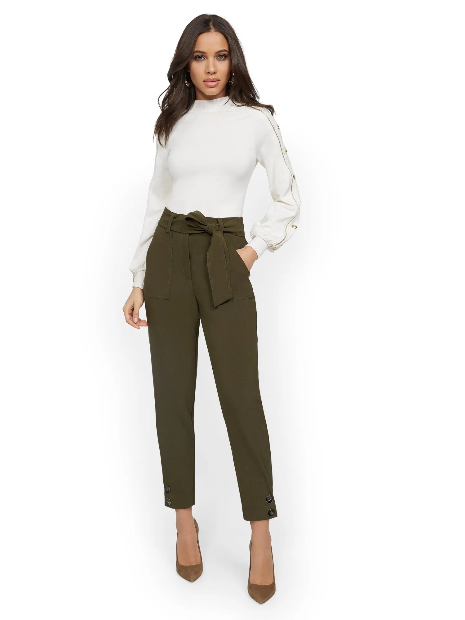 Olive Button-Accent Slim Ankle Pant - 7th Avenue