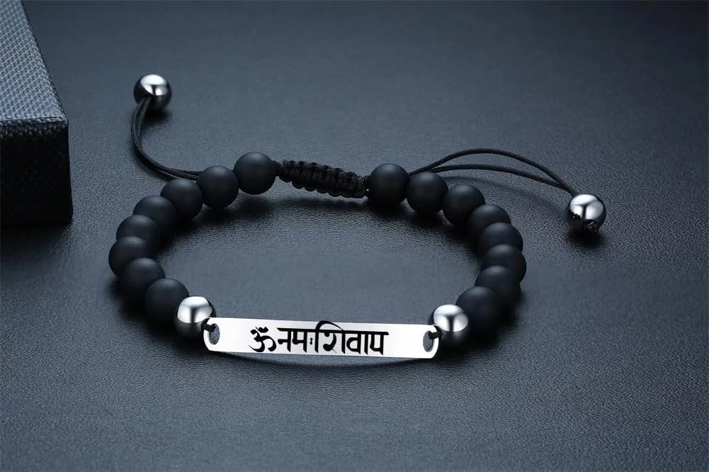 Om Namah Shivaya Bracelet for Men Women,Adjust Cord White Black Onxy Beads Balancing Bracelets OM Chakra Bracelets Spiritual Energy Jewelry Amulet Gift
