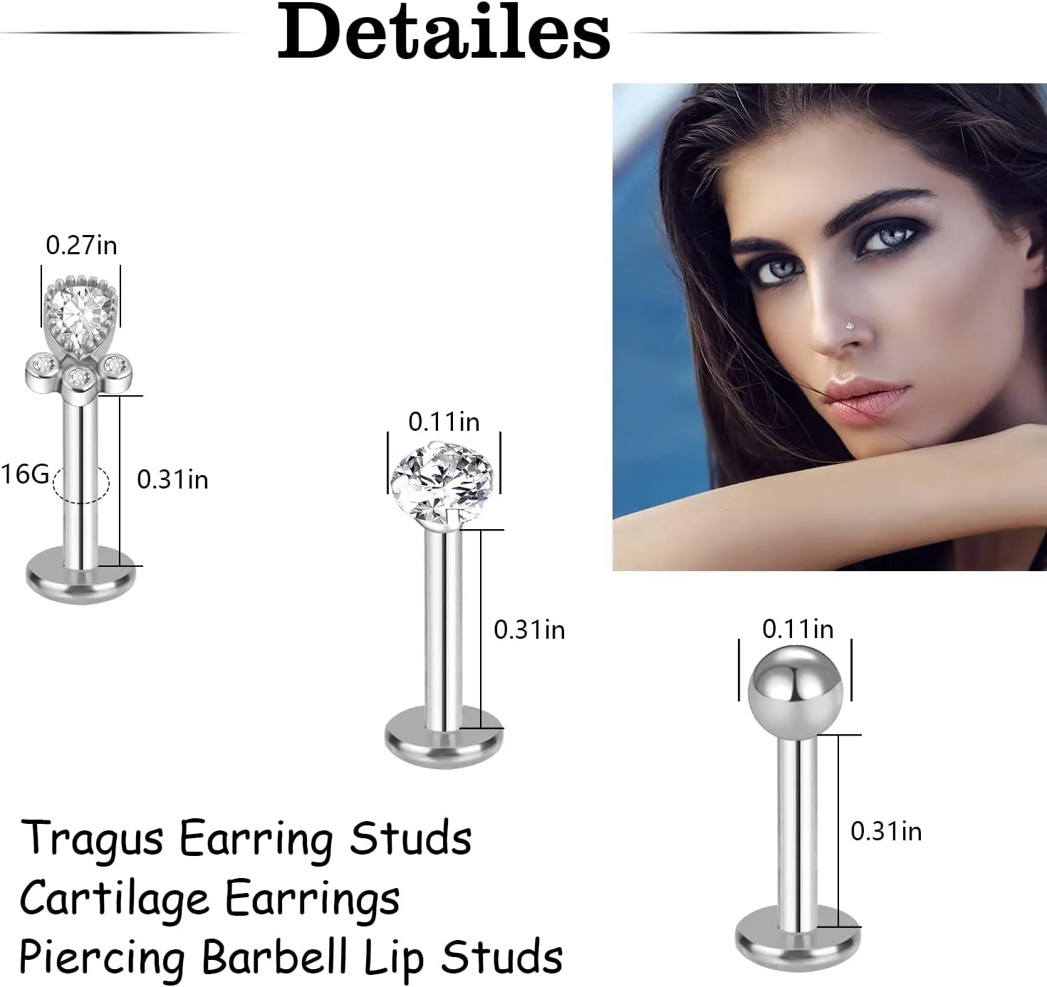 ONESING 12-25 Pcs 16G Tragus Earrings for Women Men Cartilage Earrings Labret Stud Tragus Piercing Jewelry