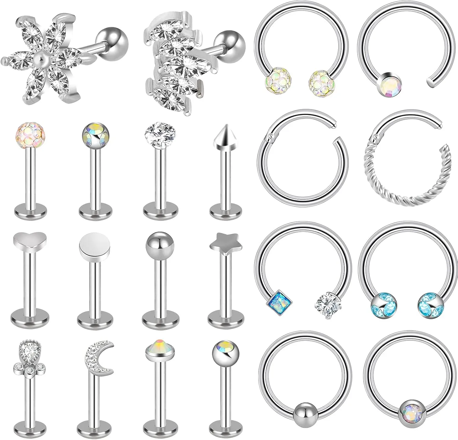 ONESING 12-25 Pcs 16G Tragus Earrings for Women Men Cartilage Earrings Labret Stud Tragus Piercing Jewelry