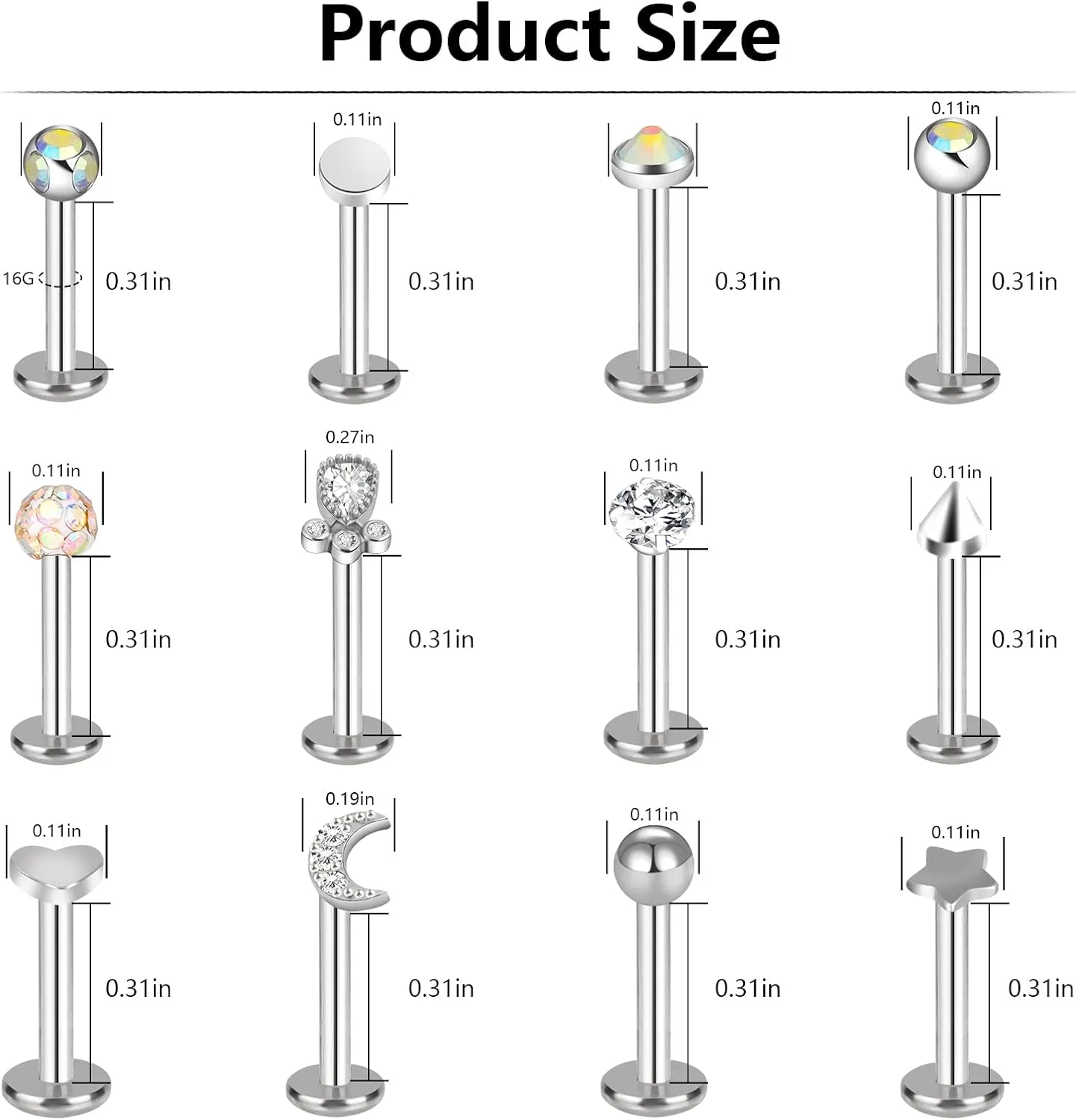 ONESING 12-25 Pcs 16G Tragus Earrings for Women Men Cartilage Earrings Labret Stud Tragus Piercing Jewelry