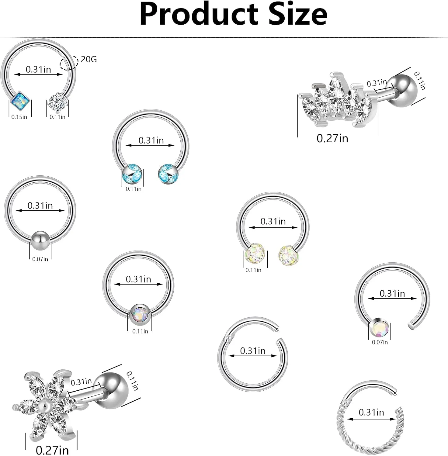 ONESING 12-25 Pcs 16G Tragus Earrings for Women Men Cartilage Earrings Labret Stud Tragus Piercing Jewelry