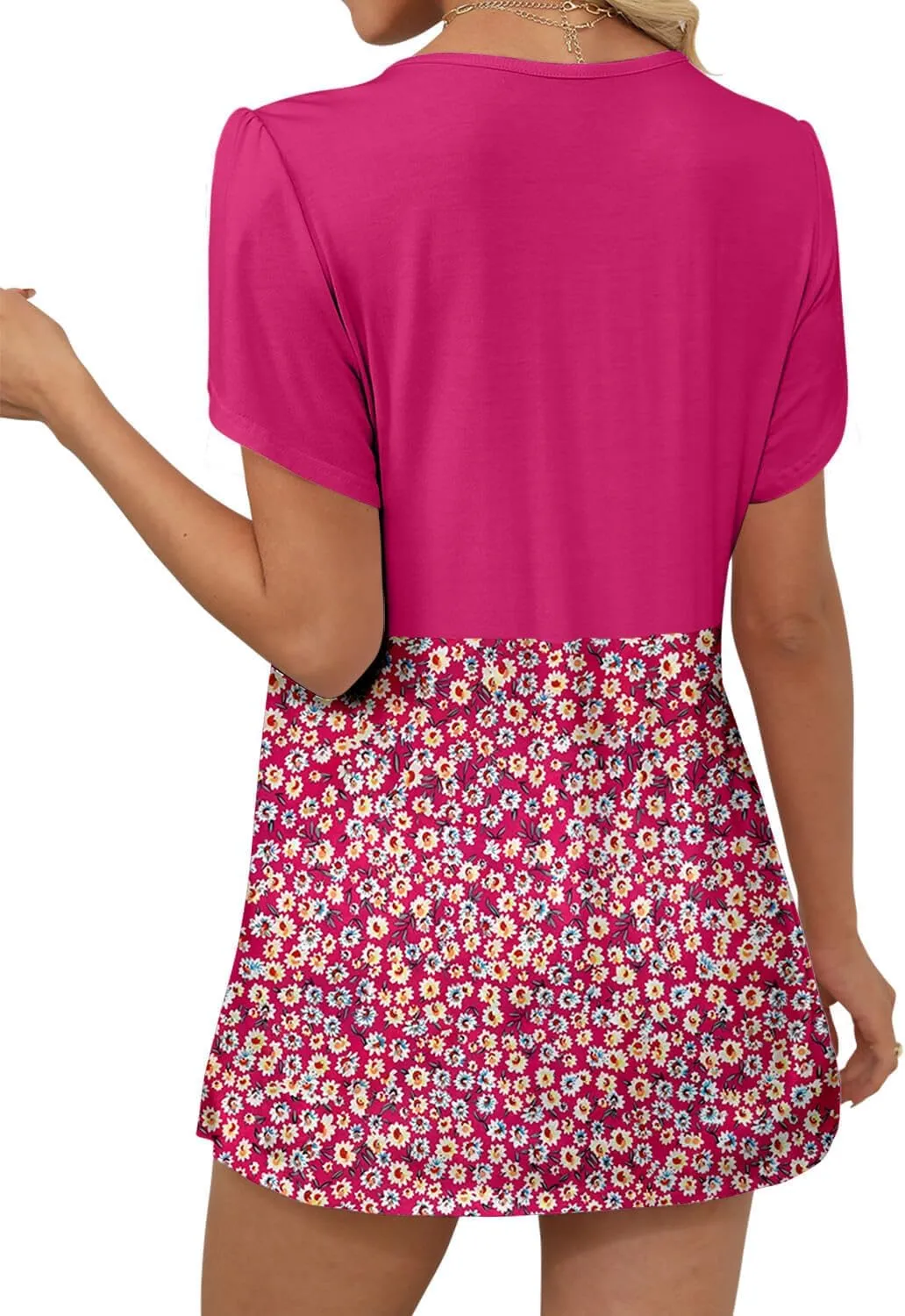ONLYSHE Womens V Neck Shirts Short Sleeve Tops Front Knotted T Shirt Casual Solid&Floral Tunic Summer Henley Tees Blouse