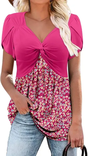 ONLYSHE Womens V Neck Shirts Short Sleeve Tops Front Knotted T Shirt Casual Solid&Floral Tunic Summer Henley Tees Blouse