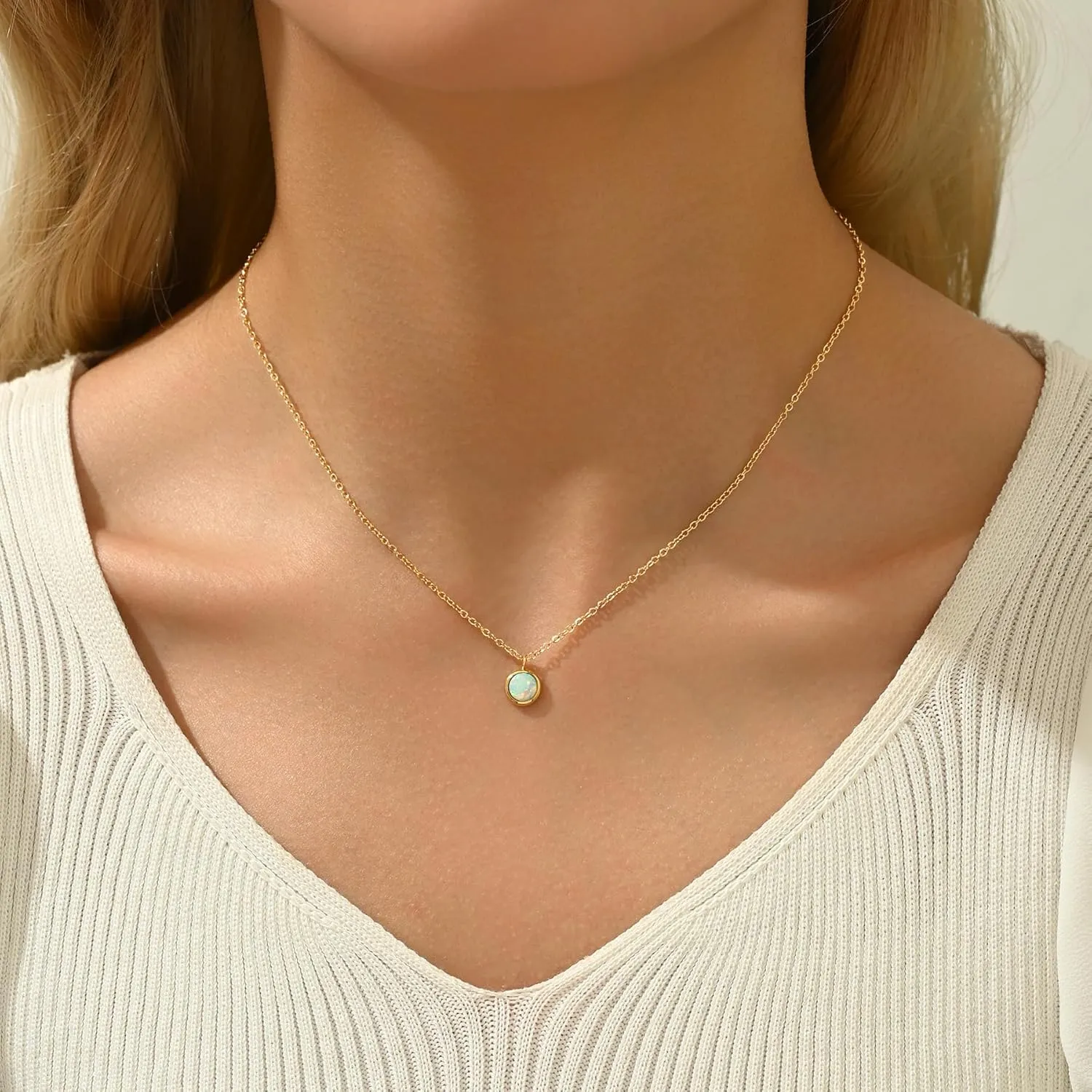 Opal Necklaces for Women Dainty 18K Gold Plated Created Opal Pendant Necklace Simple Round Opal Jewelry Gift