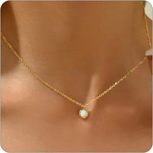 Opal Necklaces for Women Dainty 18K Gold Plated Created Opal Pendant Necklace Simple Round Opal Jewelry Gift