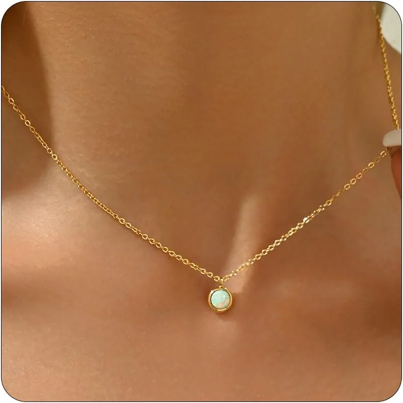 Opal Necklaces for Women Dainty 18K Gold Plated Created Opal Pendant Necklace Simple Round Opal Jewelry Gift