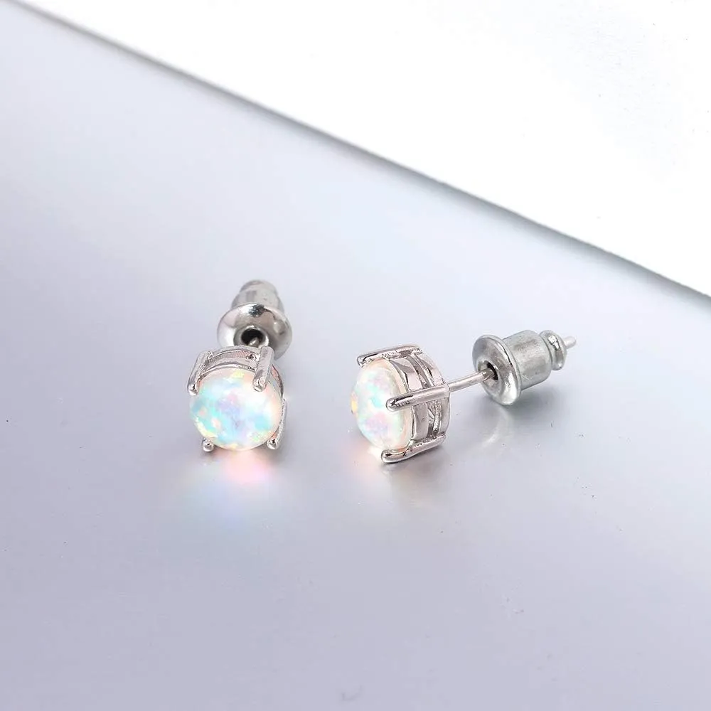 Opal Stud Earrings for Women Girls 14K White Gold Plated Hypoallergenic Opal Jewelry for Sensitive Ears 6mm