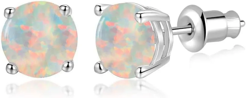Opal Stud Earrings for Women Girls 14K White Gold Plated Hypoallergenic Opal Jewelry for Sensitive Ears 6mm