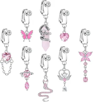 ORAZIO 8 PCS Fake Belly Ring For Women Fake Belly Piercing Dangle Clip On Belly Button Rings CZ Snake Butterfly Faux Belly Button Piercing Stainless Steel Fake Navel Rings Non Pierced