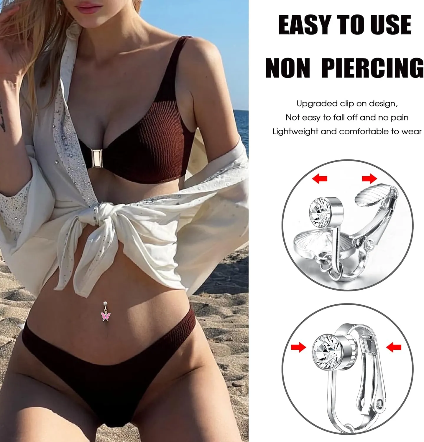 ORAZIO 8 PCS Fake Belly Ring For Women Fake Belly Piercing Dangle Clip On Belly Button Rings CZ Snake Butterfly Faux Belly Button Piercing Stainless Steel Fake Navel Rings Non Pierced