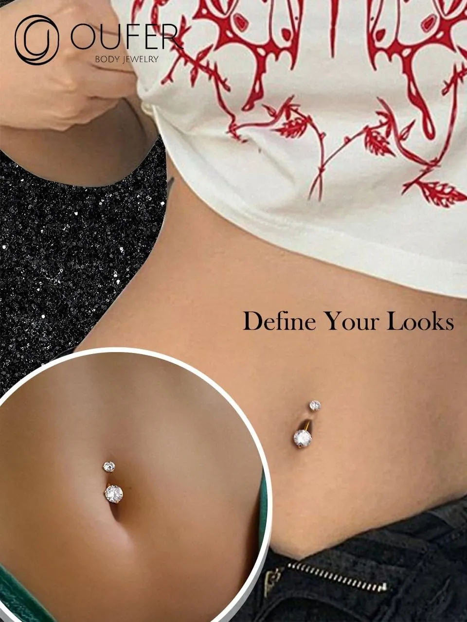 OUFER Belly Button Rings, G23 Solid Titanium Belly Rings, Clear CZ Navel Piercing Jewelry, Internally Threaded Belly Piercing Jewelry for Women