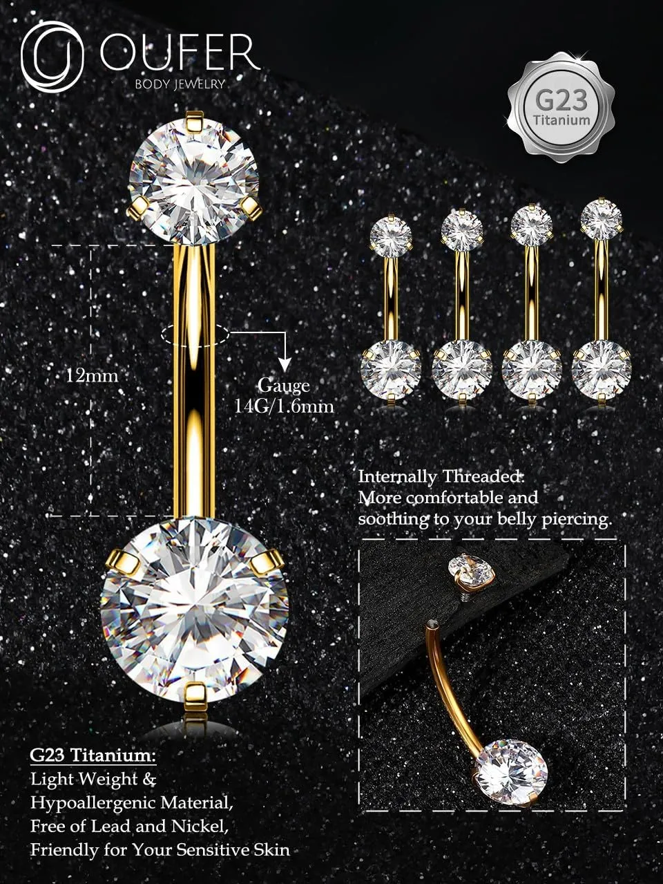OUFER Belly Button Rings, G23 Solid Titanium Belly Rings, Clear CZ Navel Piercing Jewelry, Internally Threaded Belly Piercing Jewelry for Women