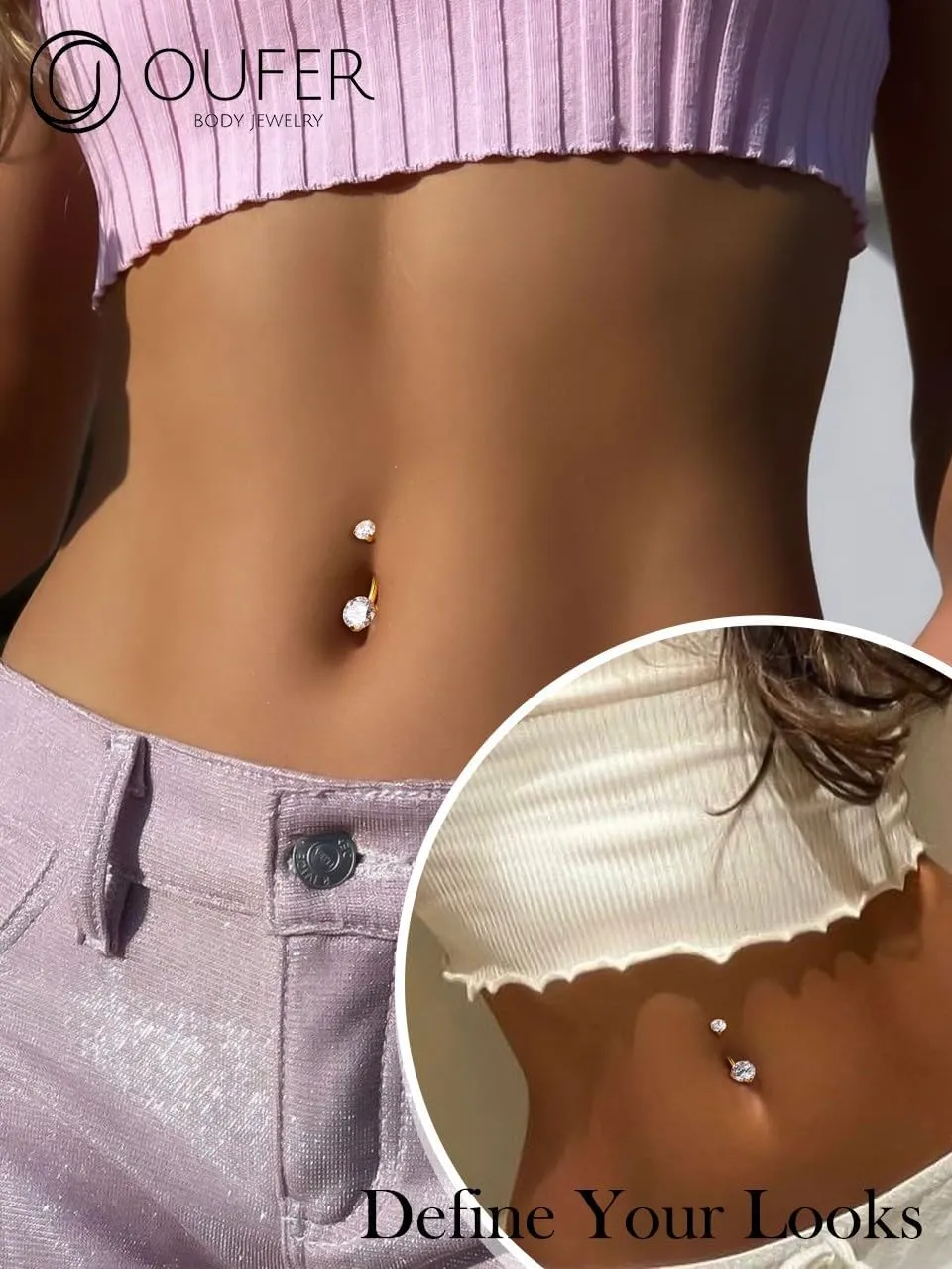 OUFER Belly Button Rings, G23 Solid Titanium Belly Rings, Clear CZ Navel Piercing Jewelry, Internally Threaded Belly Piercing Jewelry for Women