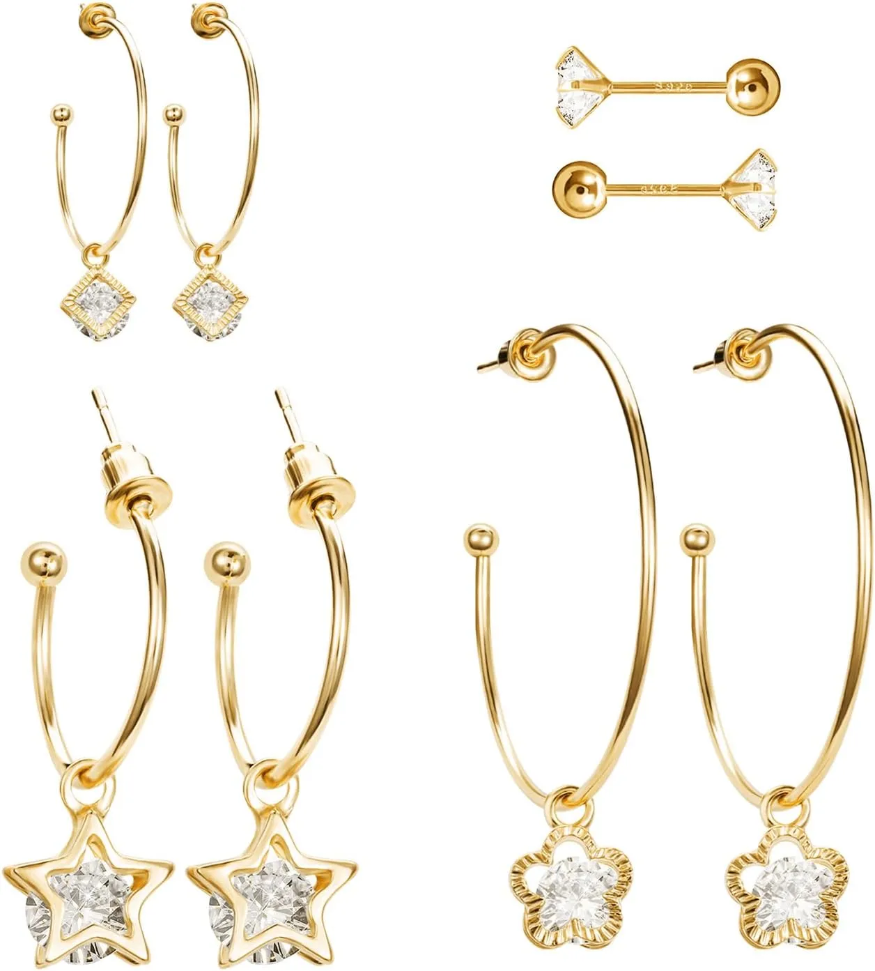 Pasuot Gold Silver Hoop Earrings for Women 14K Gold Plated Hypoallergenic Hoop Earrings Set Hypoallergenic Earring Lightweight Dangle Heart Star Cubic Zirconia