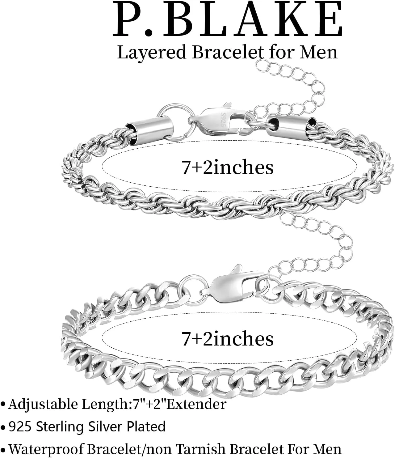P.BLAKE 2 Pcs Stack Bracelets for Men Women, 925 Sterling Silver 14K Gold Bangle Cuff Link Cuban/Rope/Snake Chain Bracelet Set Jewelry Gifts
