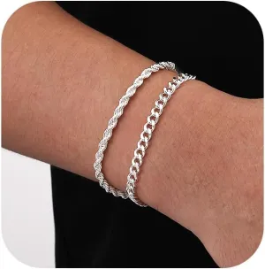 P.BLAKE 2 Pcs Stack Bracelets for Men Women, 925 Sterling Silver 14K Gold Bangle Cuff Link Cuban/Rope/Snake Chain Bracelet Set Jewelry Gifts
