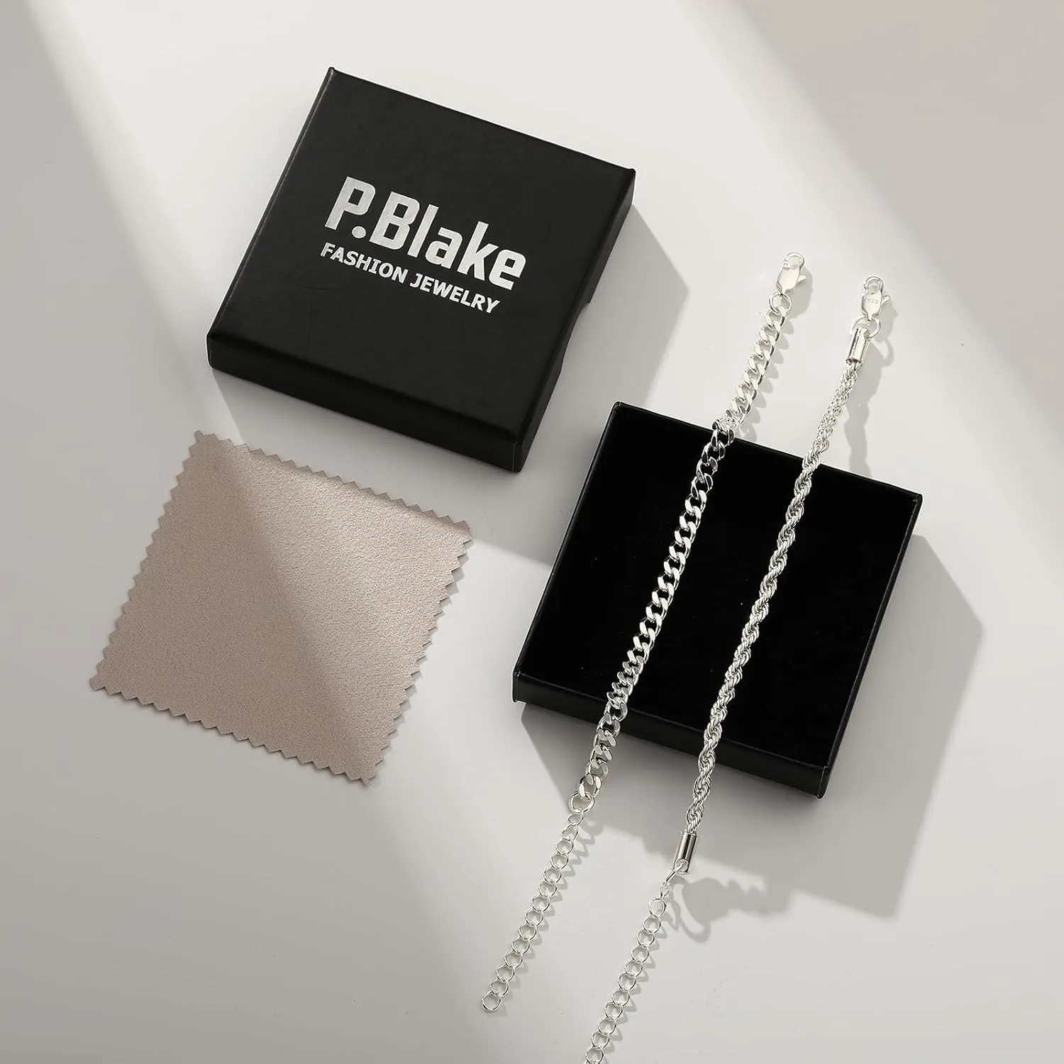 P.BLAKE 2 Pcs Stack Bracelets for Men Women, 925 Sterling Silver 14K Gold Bangle Cuff Link Cuban/Rope/Snake Chain Bracelet Set Jewelry Gifts