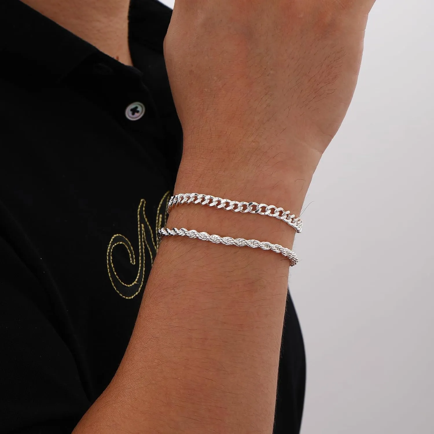 P.BLAKE 2 Pcs Stack Bracelets for Men Women, 925 Sterling Silver 14K Gold Bangle Cuff Link Cuban/Rope/Snake Chain Bracelet Set Jewelry Gifts