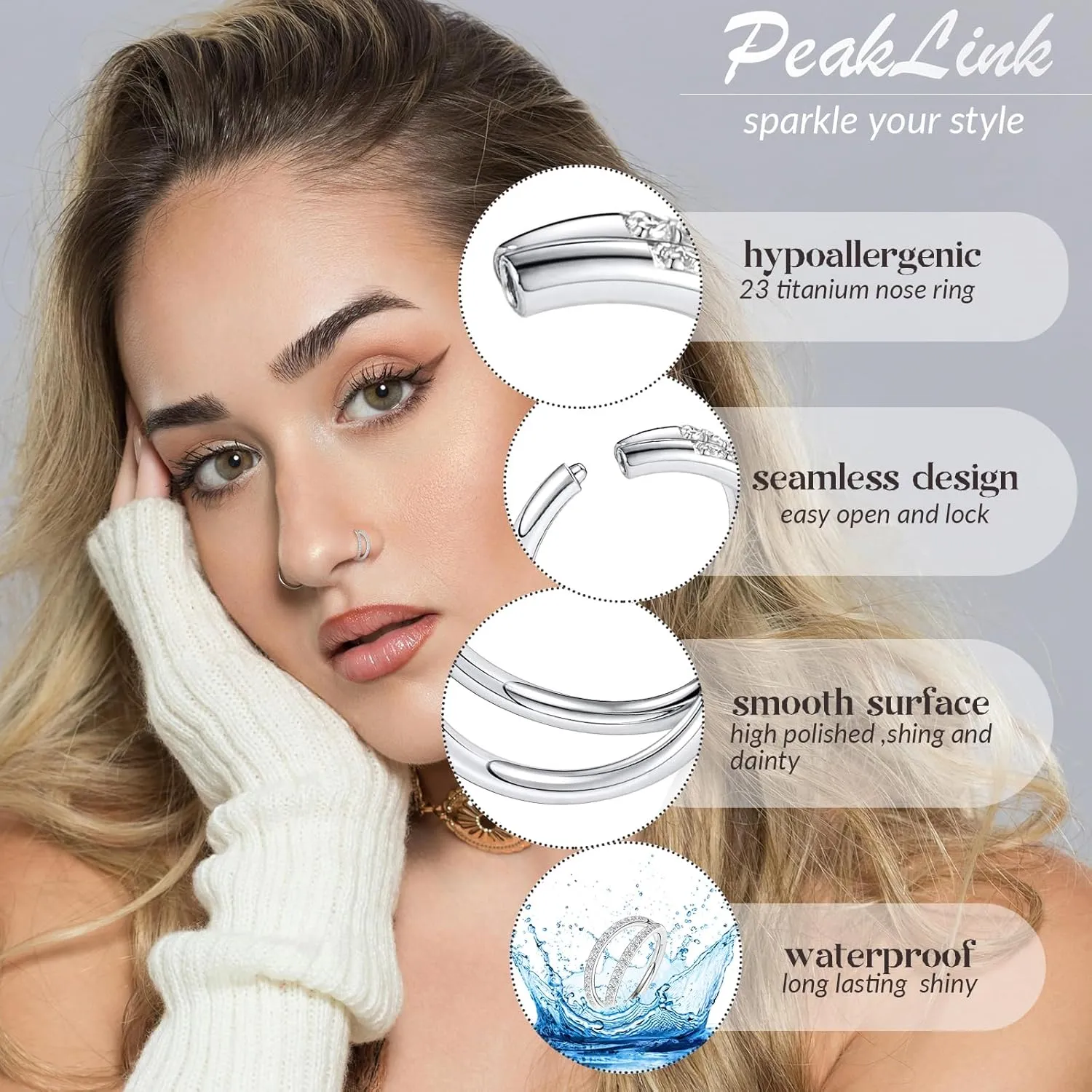 PEAKLINK G23 Titanium Double Nose Hoo Ring Septum Jewelry 20G/18G/16G Helix Daith Rook Tragus Cartilage Conch Hoop Earring Hinged Segment Piercing Jewelry for Women Men 6mm to 12mm