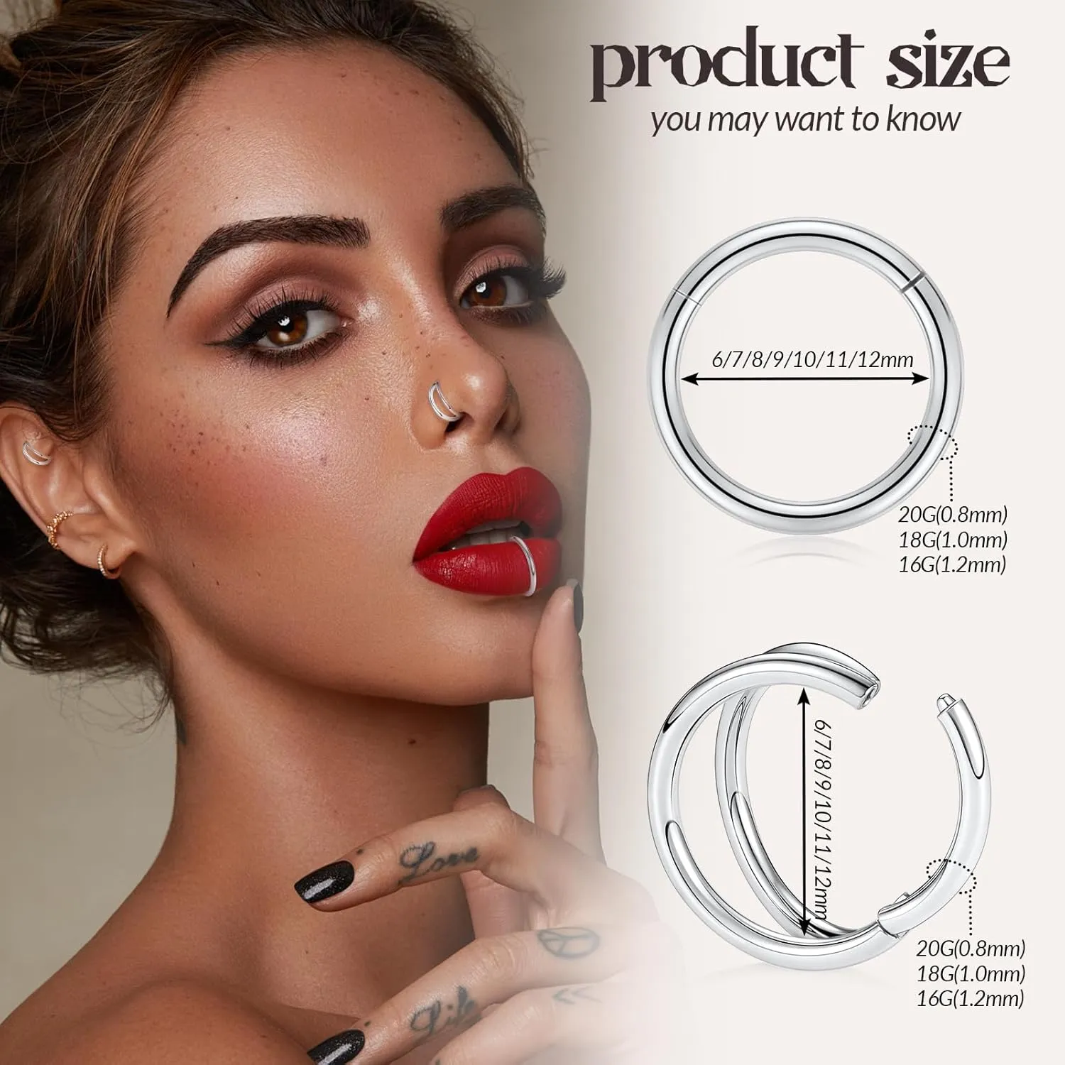 PEAKLINK G23 Titanium Double Nose Hoo Ring Septum Jewelry 20G/18G/16G Helix Daith Rook Tragus Cartilage Conch Hoop Earring Hinged Segment Piercing Jewelry for Women Men 6mm to 12mm