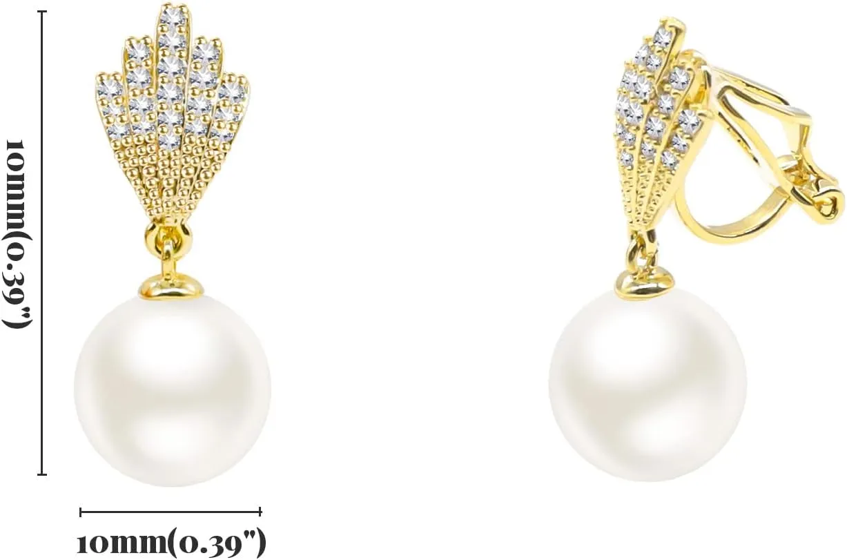 Pearl Clip On Earrings for Women, 12mm Simulated White Pearl Earrings with Cubic Zirconia, Wedding Bridal Non Pierced Earrings Trendy Jewelry