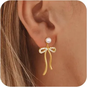 Pearl Earrings - 14K Gold Hoop Dangle Earrings for Women With Zircon Bow, Teardrop, and Leaf | Trendy Jewelry