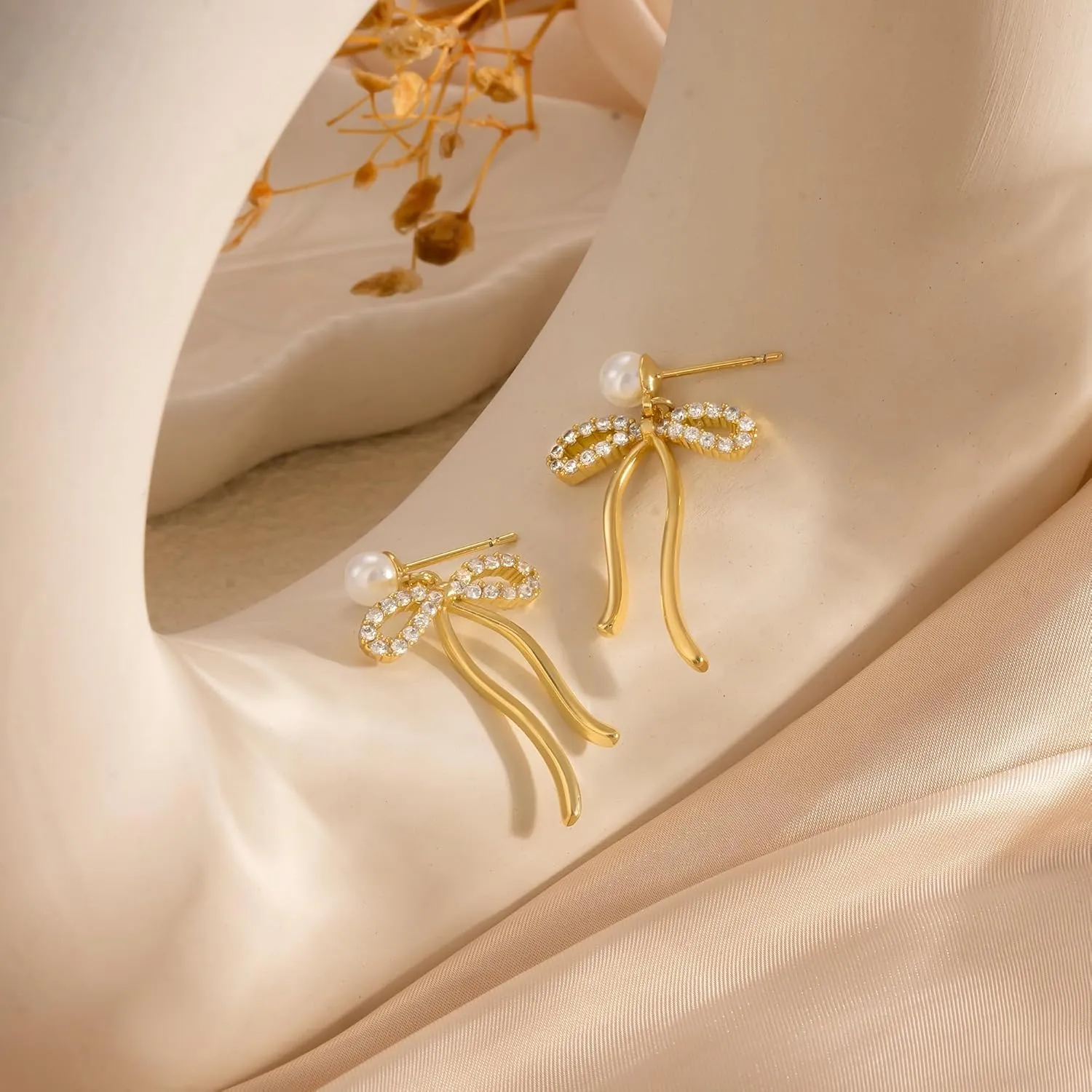 Pearl Earrings - 14K Gold Hoop Dangle Earrings for Women With Zircon Bow, Teardrop, and Leaf | Trendy Jewelry